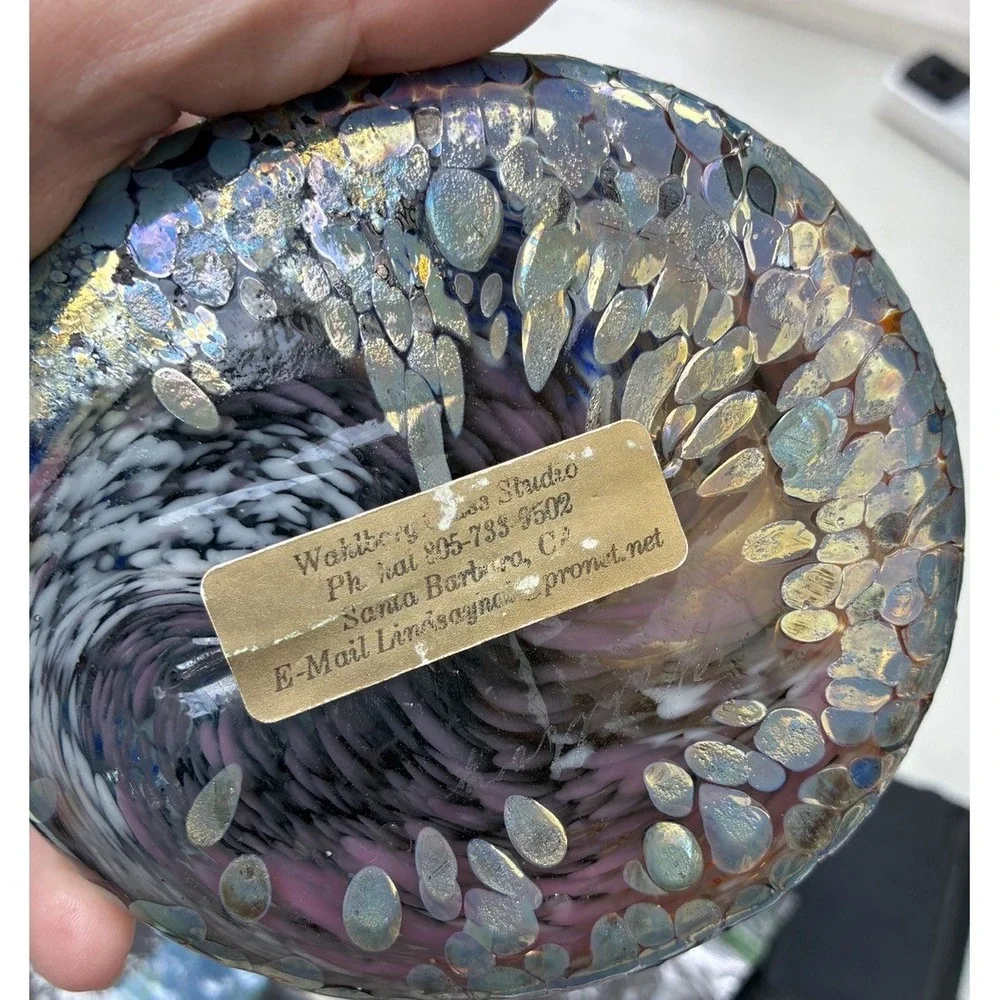 Vtg Art Glass Paperweight Clock Hal Wahlborg Studio Abstract Blue 4.5